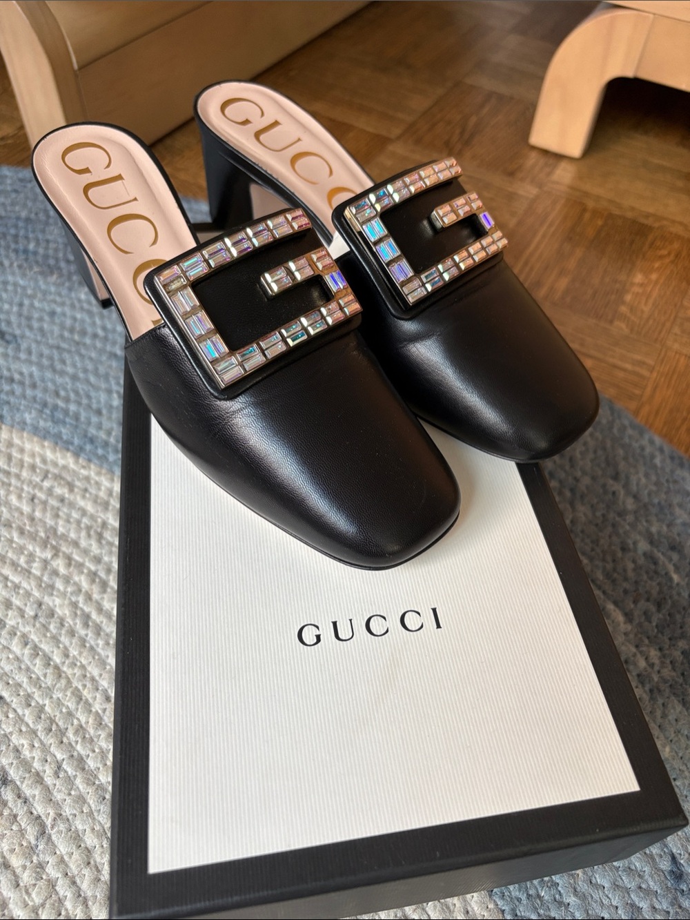 Sz 37 Gucci Black Leather Mules with Crystal 'G' Buckle